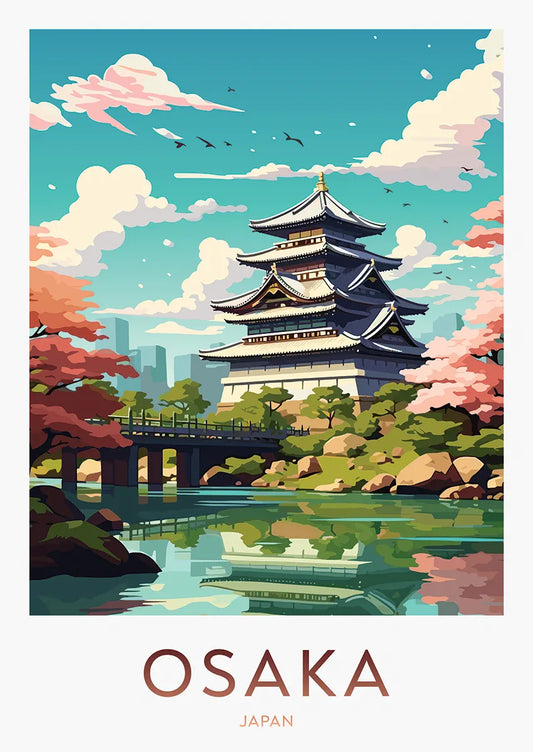 osaka japan cherry blossom castle poster traditional spring landscape