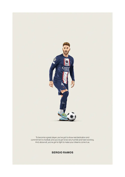 Sergio Ramos football poster in PSG kit with motivational quote