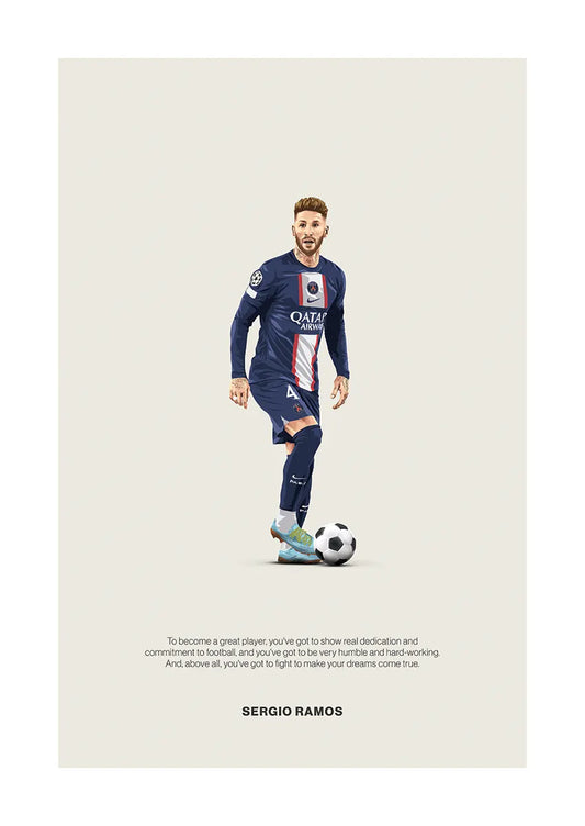 Sergio Ramos football poster in PSG kit with motivational quote