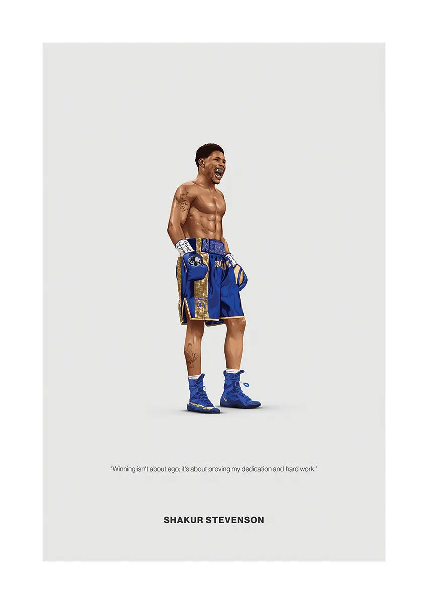 Shakur Stevenson boxing poster in blue and gold trunks with motivational quote
