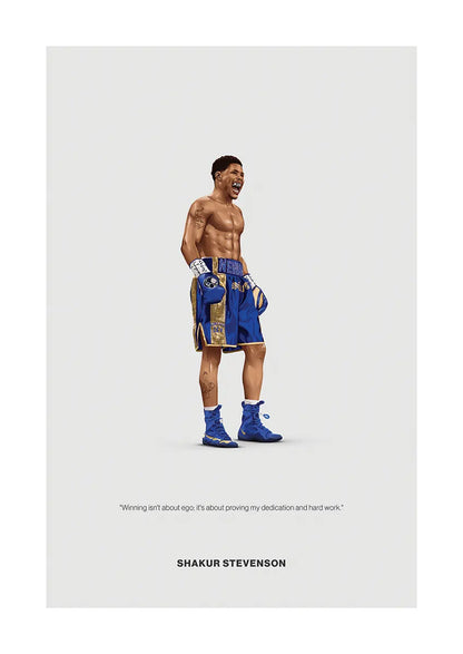 Shakur Stevenson boxing poster in blue and gold trunks with motivational quote