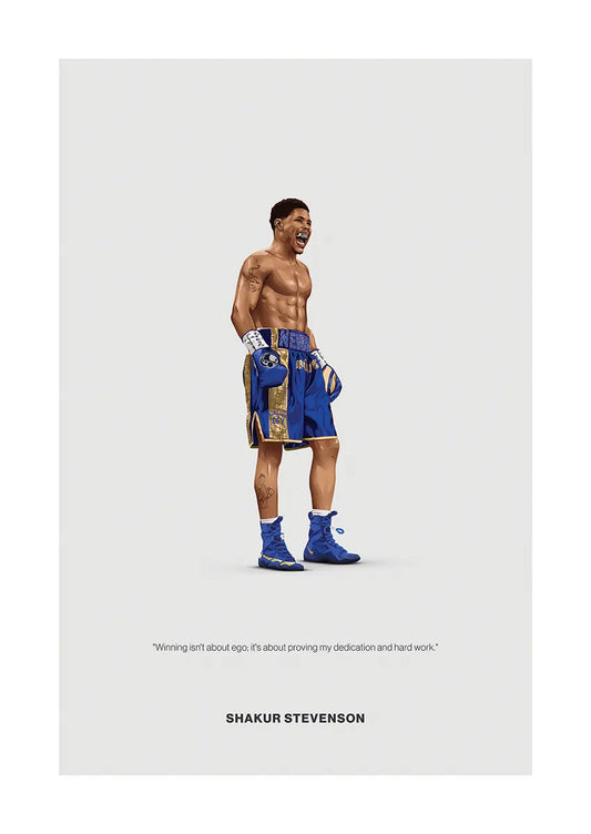 Shakur Stevenson boxing poster in blue and gold trunks with motivational quote