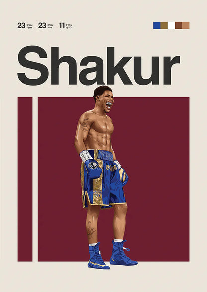 Shakur Stevenson poster with boxing champion mid-roar in blue shorts