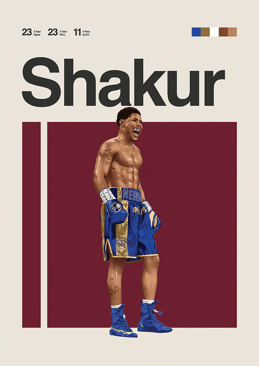 Shakur Stevenson poster with boxing champion mid-roar in blue shorts