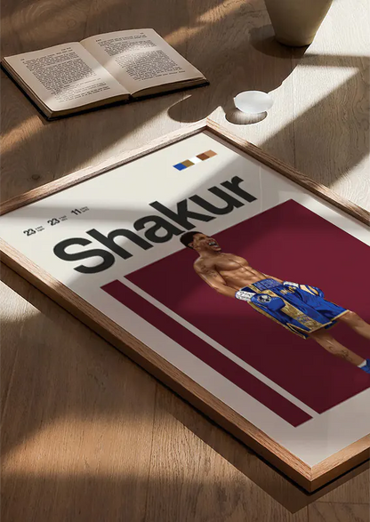 Modern boxing poster featuring Shakur Stevenson in gold-trim gear