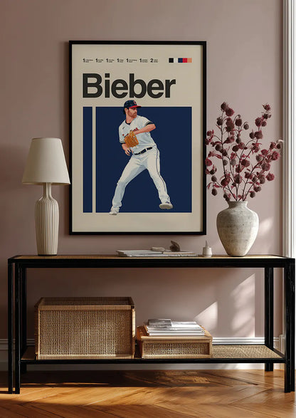 Modern baseball wall art of Shane Bieber mid-pitch