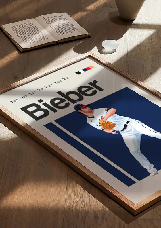 Sports-themed home decor print of Shane Bieber in white uniform