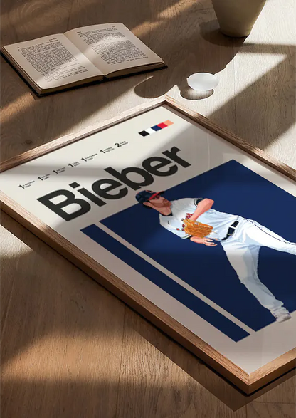 Sports-themed home decor print of Shane Bieber in white uniform