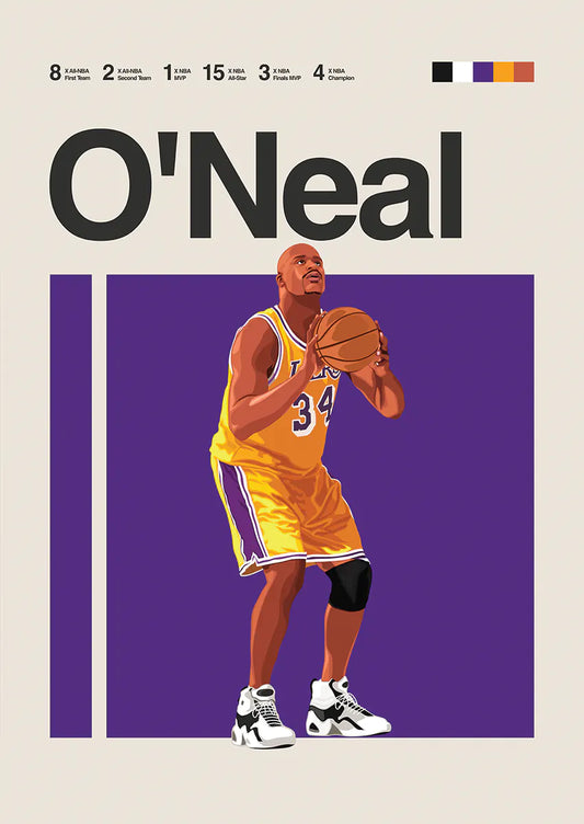 Shaquille O'Neal Lakers poster in bold yellow and purple