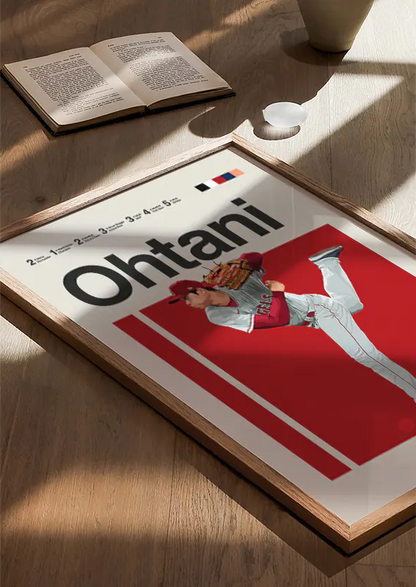 Red background sports poster of Shohei Ohtani from the Angels