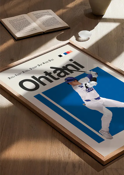 Baseball print of Shohei Ohtani in white Dodgers uniform with blue background