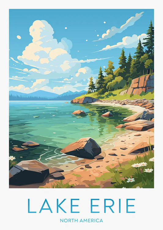 lake erie travel poster with rocky beach shoreline and pine trees