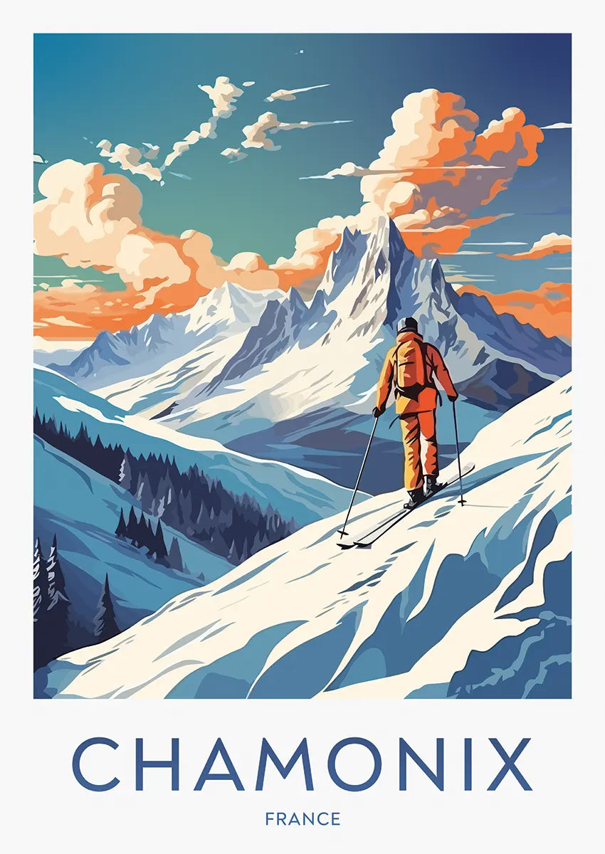 Chamonix France ski poster with Mont Blanc and skier