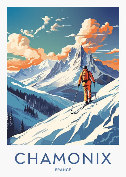 Chamonix France ski poster with Mont Blanc and skier