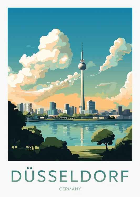 Düsseldorf Germany poster with Rhine River and city skyline