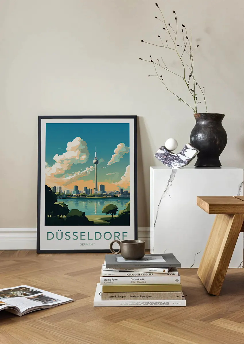 Modern cityscape wall art featuring Rheinturm tower at sunset
