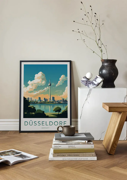 Modern cityscape wall art featuring Rheinturm tower at sunset