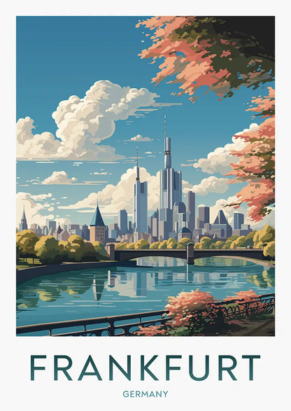 Frankfurt Germany poster with river reflection and skyline view