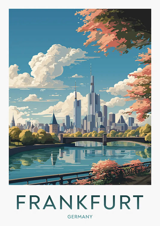 Frankfurt Germany poster with river reflection and skyline view