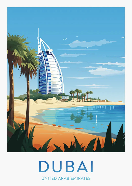 Dubai travel poster with Burj Al Arab and beach