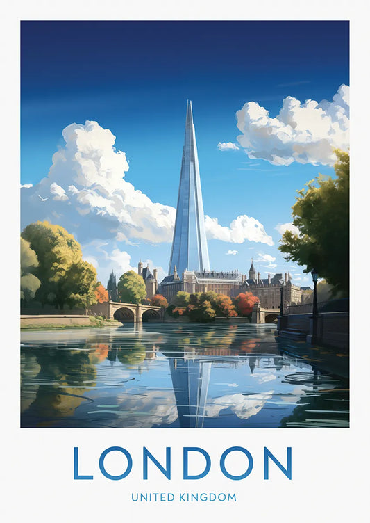 london travel poster with the shard modern skyscraper and river thames