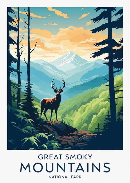 Great Smoky Mountains poster with deer and mountain sunrise