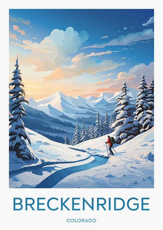Breckenridge Colorado travel poster with snowy trail and skier