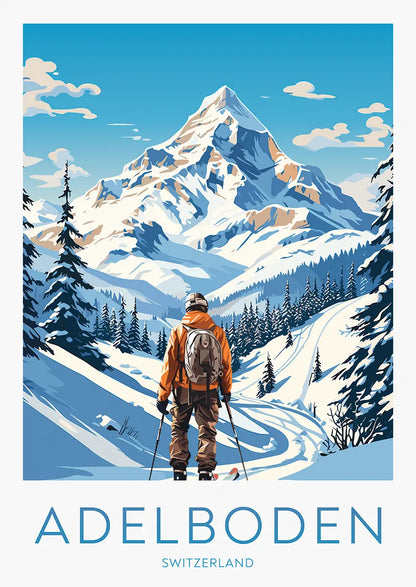 Ski poster of Adelboden with snowy mountains and winter trail