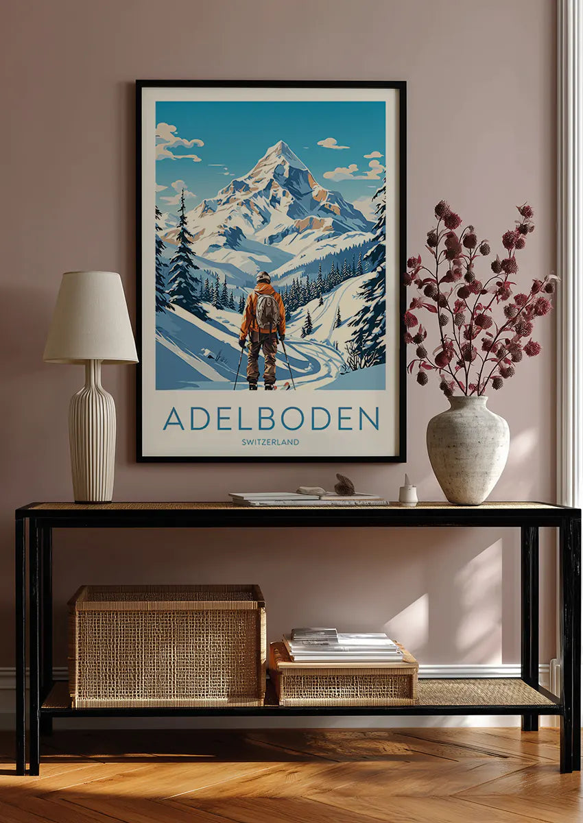 Switzerland winter travel art print featuring skier and alpine landscape