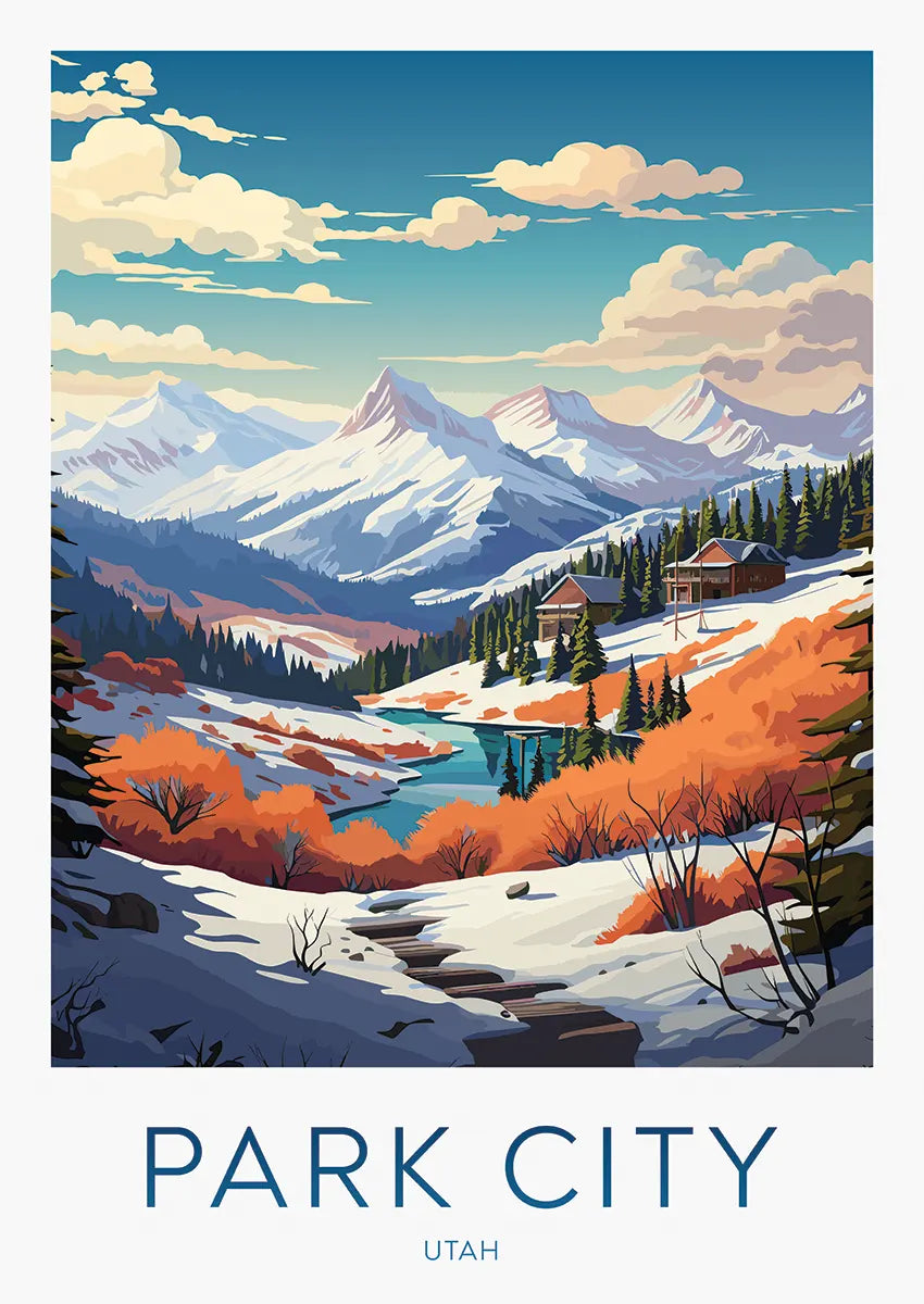 snowy mountain landscape travel poster of Park City Utah