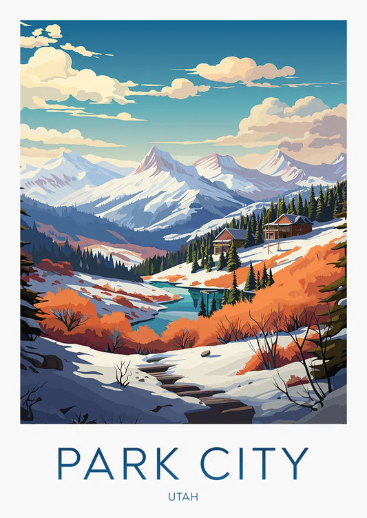 snowy mountain landscape travel poster of Park City Utah