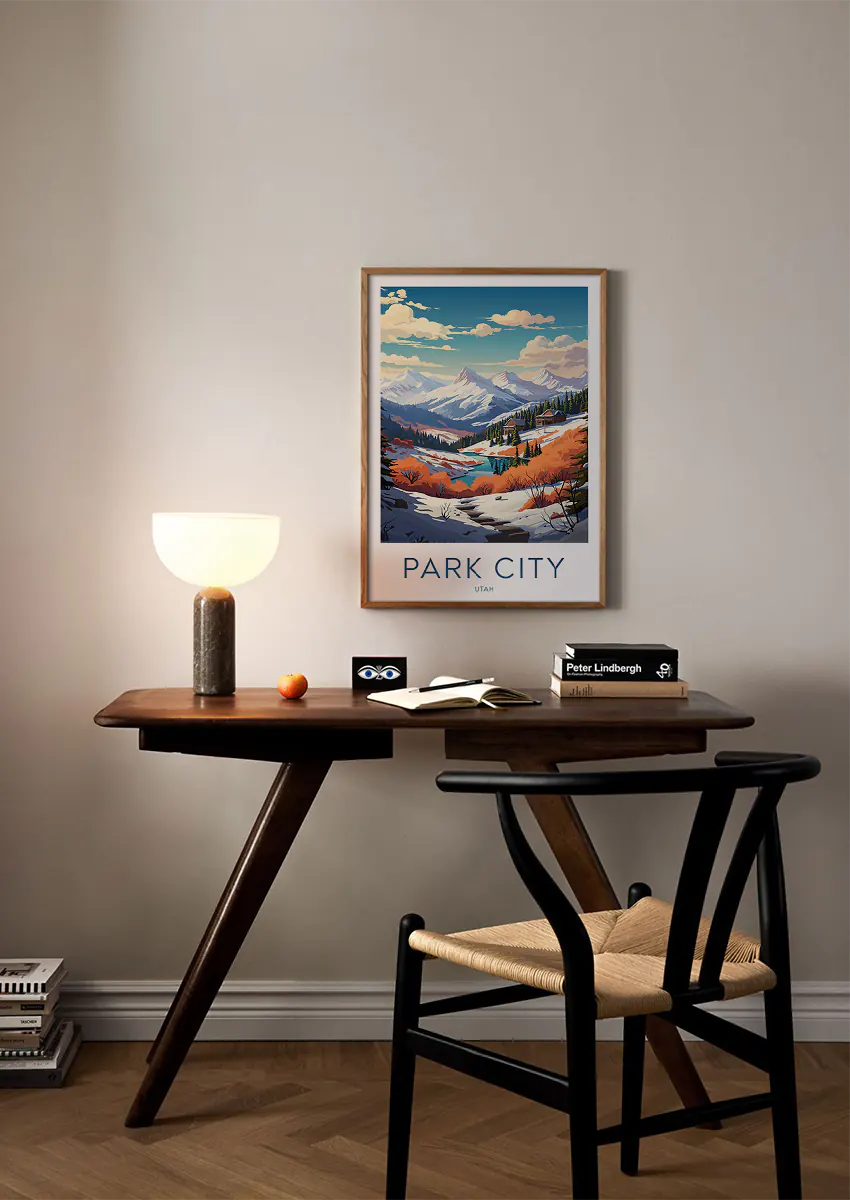 autumn and winter scenic art print with cozy alpine cabins