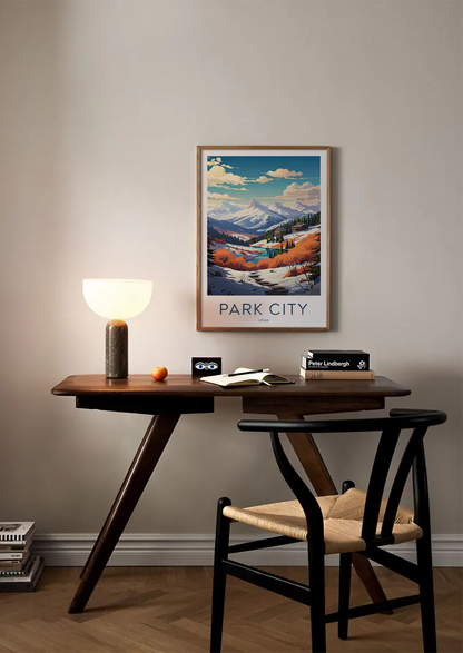 autumn and winter scenic art print with cozy alpine cabins
