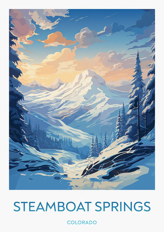Steamboat Springs Colorado poster with snowy mountain landscape