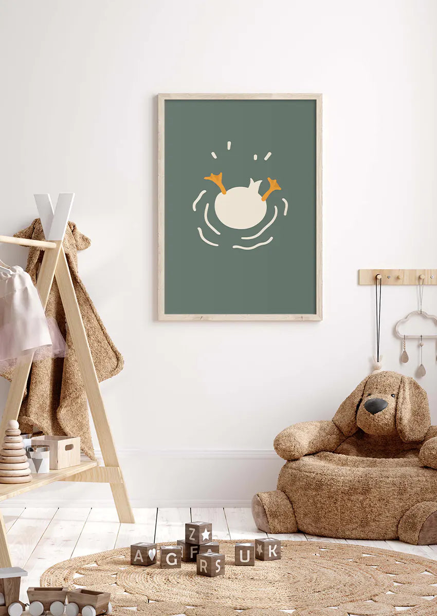 Whimsical animal print showing duck underwater in cute minimalist style