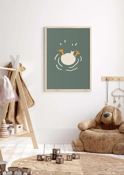 Whimsical animal print showing duck underwater in cute minimalist style