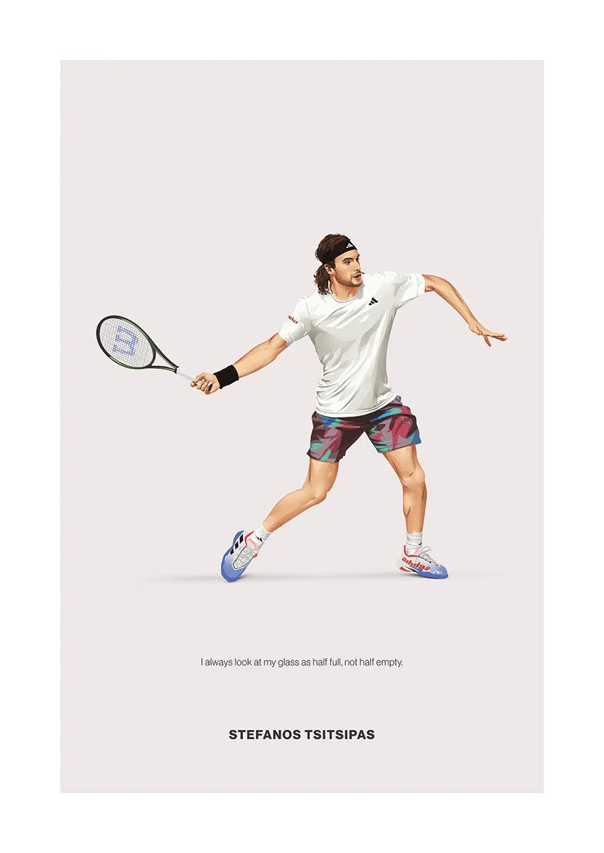 Stefanos Tsitsipas tennis poster with optimism quote in minimalist design