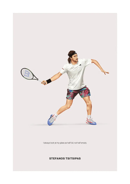 Stefanos Tsitsipas tennis poster with optimism quote in minimalist design