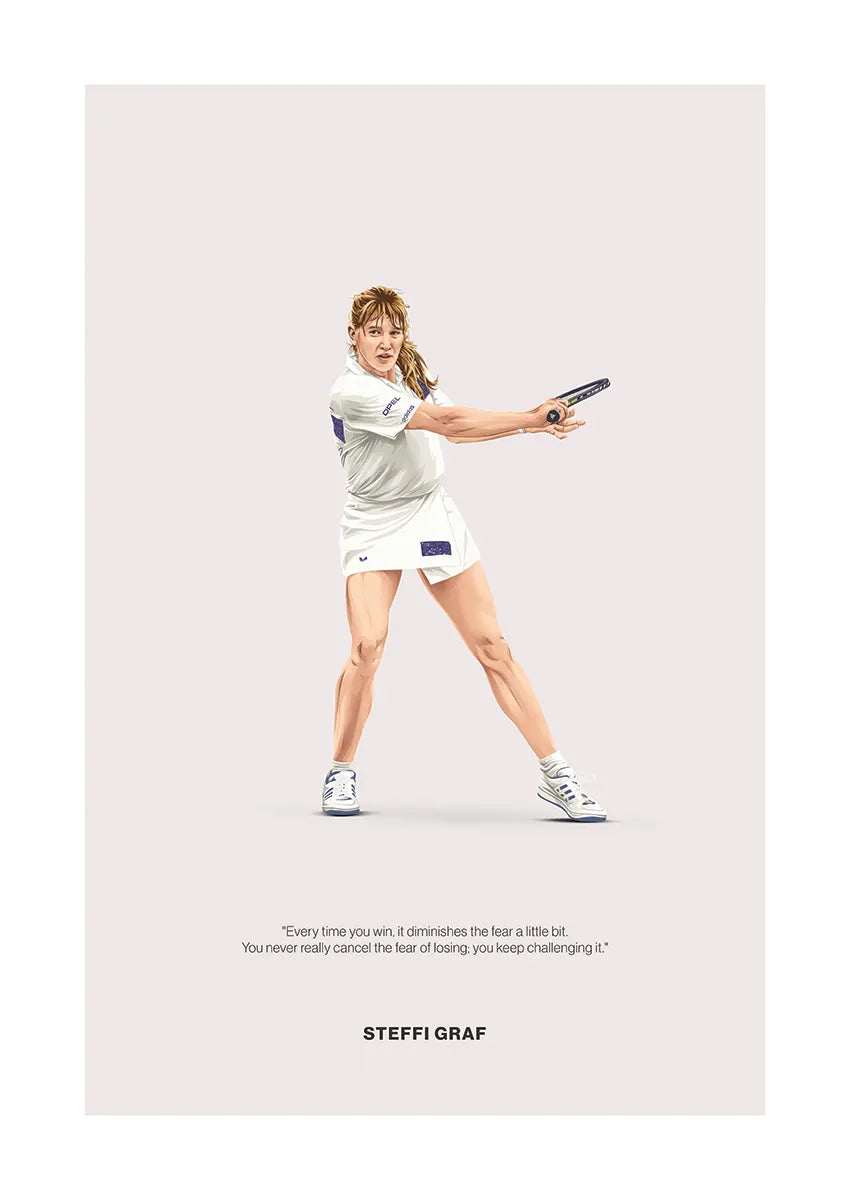 Steffi Graf tennis poster in white outfit with motivational quote