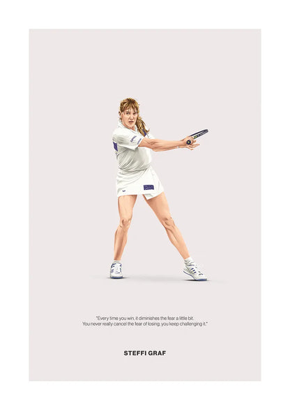 Steffi Graf tennis poster in white outfit with motivational quote