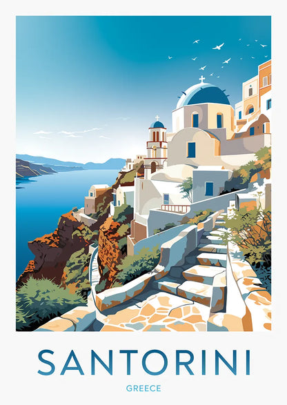 Santorini Greece travel poster with blue domes and sea cliff views