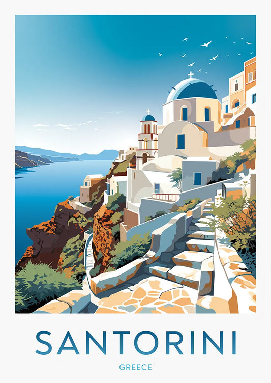 Santorini Greece travel poster with blue domes and sea cliff views