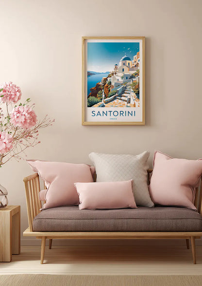 Cycladic architecture wall art of Santorini island with stone steps and ocean
