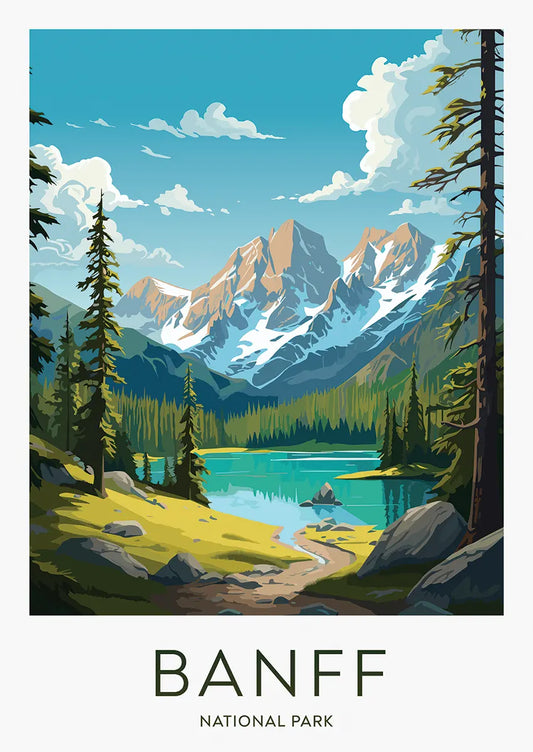 Banff National Park travel poster with turquoise lake and snow-covered mountains