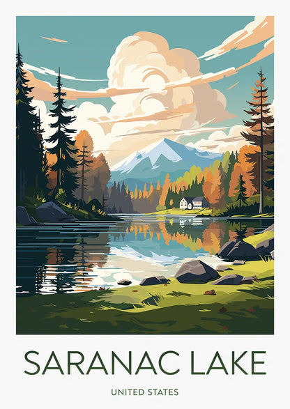 Saranac Lake travel poster with autumn forest and mountain reflections