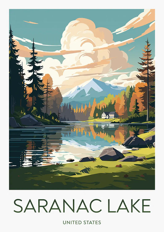 Saranac Lake travel poster with autumn forest and mountain reflections