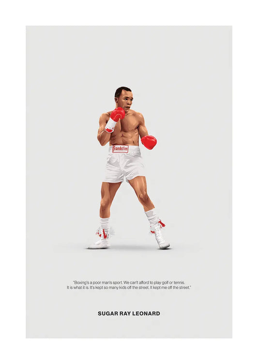 Sugar Ray Leonard boxing poster in red and white with inspirational quote