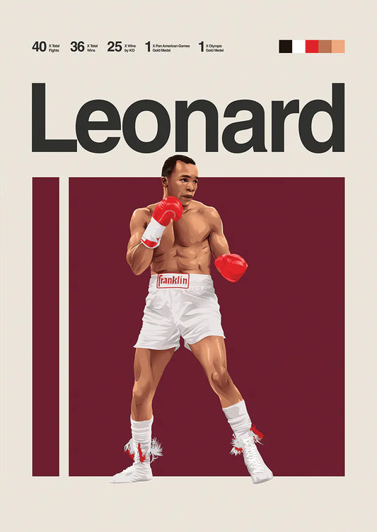 Sugar Ray Leonard poster in white trunks with red gloves and intense focus