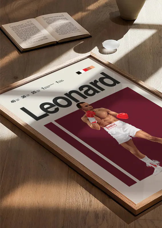Vintage sports poster featuring Sugar Ray Leonard mid-stance