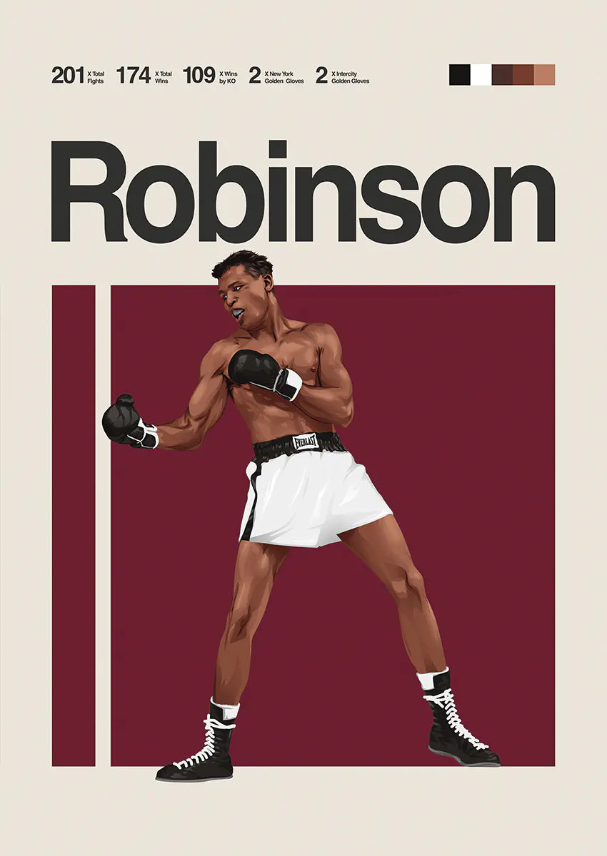 Sugar Ray Robinson poster showing boxing legend mid-motion in black gloves